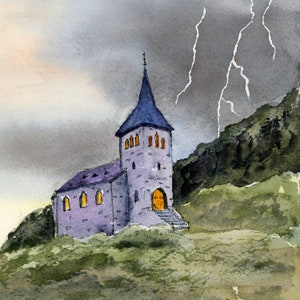 Church Art Print, Travel Prints, Church Painting, Historic Church, Landscape Watercolor Painting, Religious Art, Architectural painting