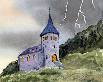 Grabado de arte de iglesia, Grabados de viaje, Pintura de iglesia, Iglesia histórica, Pintura de acuarela de paisaje, Arte religioso, Pintura arquitectónica