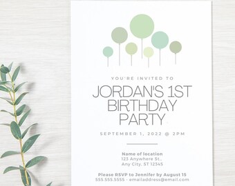 1st birthday party invitation | Invite for gender neutral party | Minimalist modern balloon design template | Scandi
