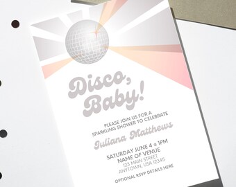 Disco baby shower invitation. Unique theme for a shower, party, or sprinkle with 70s fonts and a sparkling disco ball girl