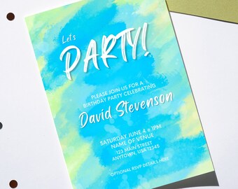Let's Party! Invitation with wild watercolor design in blue, green, and yellow for birthday parties, pool parties, or any celebration!