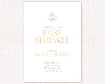 Minimal invitation for a gender neutral baby sprinkle with bee theme | custom template modern design | minimalist typographic design