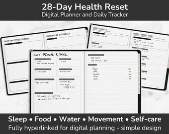 Health and diet digital planner and to-do list organizer for self care, goals, and daily reflection. Guided 28-day wellness reset