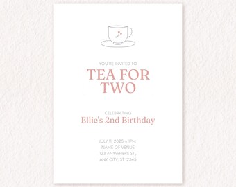 Simple, minimalist, modern, pink, neutral, muted, girl, birthday party invitation, tea for two, two year old, invite, clean, sleek