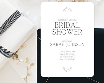 Modern bridal shower invitation template | Black and white monochromatic minimalist design | Serif fonts | Scandi