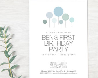 Minimalist 1st birthday invitation | Simple modern balloon design | Monochromatic boy bday template