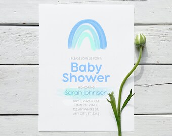 Rainbow baby shower boy watercolor invitation in blue for parent or mother to be. Editable printable minimal bright scandi template