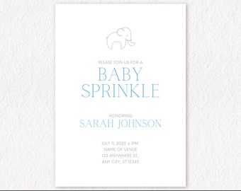 Simple, modern boy baby sprinkle elephant invitation. Minimalist design