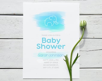 Elephant baby shower boy watercolor invitation in blue for parent or mother to be. Editable printable minimal bright scandi template