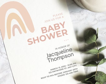 Simple, minimalist, modern, dusty pink, rose, neutral, muted, girl, baby shower invitation, rainbow, invite, clean, sleek