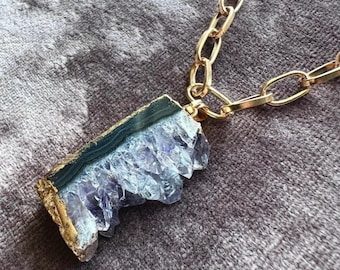 Pale Purple Agate Amethyst Crystal Slice Geode Pendant Gold Chunky Chain | Statement Geode Choker, Witch Glam Necklace, Alternative Jewelry