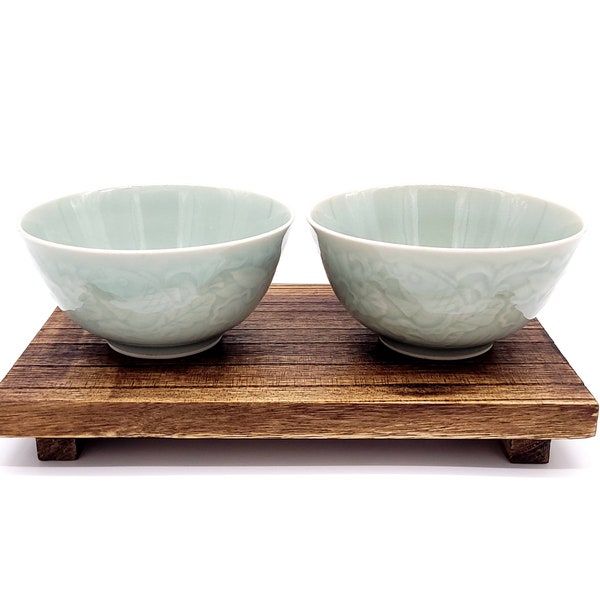 Celadon Bowl Pair, Zhong Guo Longquan Style, Ceramic Vintage Chinese Koi Fish Bowls, Rice, Soup, Glaze, Green Jade Colors