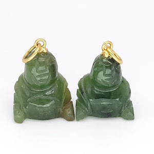 Vintage Jade Buddha Pendant Charm Pair with Gold Bail, Handmade Necklace Pendants, Hand-Carved, Gift Idea, Chinese Green Jade Jewelry Set