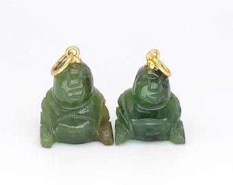 Vintage Hand-Carved Jade Buddha Pendant Pair, Gold Bail