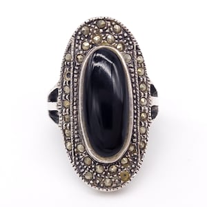 Vintage Oval Ring 925 Art Deco Black Onyx Marcasite Ring Sterling Silver, 1920s Style, Size 6.5, Cocktail Ring, Elegant Antique Rings,