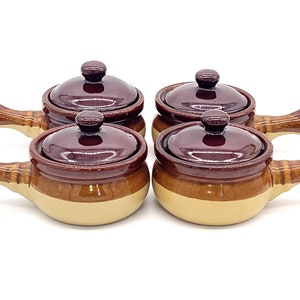 Vintage Stoneware Soup Bowls with Lids, Glazed Small Pottery Casserole Dishes, Croc, Brown Cream, 2-tone, Kitchen Decor, Farmhouse, Ceramic