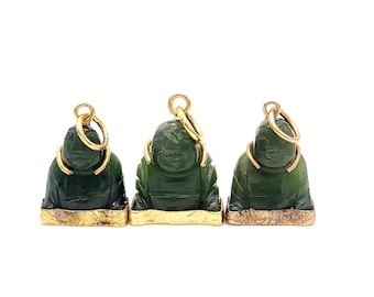 Hand-Carved Nephrite Jade Buddha Pendant with Gold, Set of 3