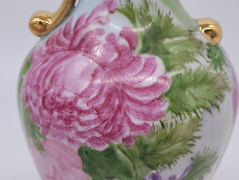 Vintage Pitcher Ewer Porcelain Decorative Jug Handpainted Flowers Gold