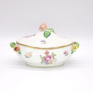Herend Hungary Printemps Porcelain Dish, Tureen, Spring Rose Bud Flowers, Floral Candy Vegetable Serving Dish, Handles, Trinket Dish 6010