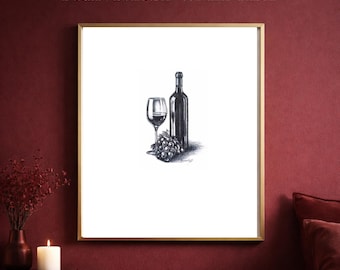 Illustration de vin dessinée à la main | Art mural vin de luxe en téléchargement numérique | Impression élégante cuisine et salle à manger | Décoration d'intérieur élégante