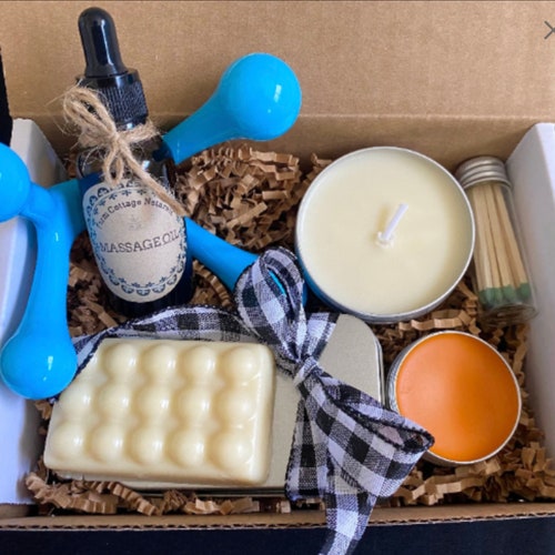 Summer Gift Massage Box- massage lotion, candle, oil, all natural lotion bar and warming muscle rub for muscle relief, massage tool, gift
