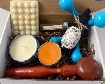 Valentine’s Day Gift Massage Box -massage lotion, candle, oil, all natural lotion bar and warming muscle rub for muscle relief, massage tool