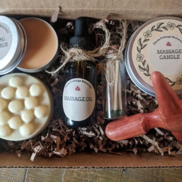 Valentines Gift Massage Box- massage lotion, candle, oil, all natural lotion bar and warming muscle rub for muscle relief, massage tool