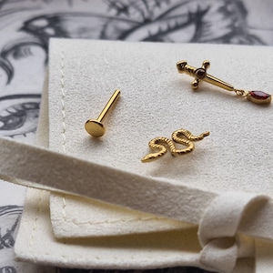 Snake stud piercing | dangle red sword stud cartilage | Titanium | conch piercing helix piercing cartilage piercing | 1.2 gauge gold stud