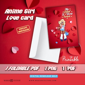 Cartão de amor de garota de anime | KAWAII | Cartão de dia dos namorados para impressão | Amor | Cartão de romance | PDF | PNG | Download digital | Cartão de felicitações