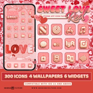Sweet Love RED iPhone App Icon Theme |  IOS14+ | Kawaii | Valentine&#39;s Day | Romance | Red App Icons