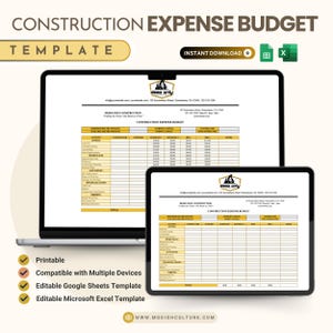 Construction Expense Budget | Microsoft Excel Spreadsheet | Google Sheets | Printable | Finance Planner | Bookkeeping | Small Business
