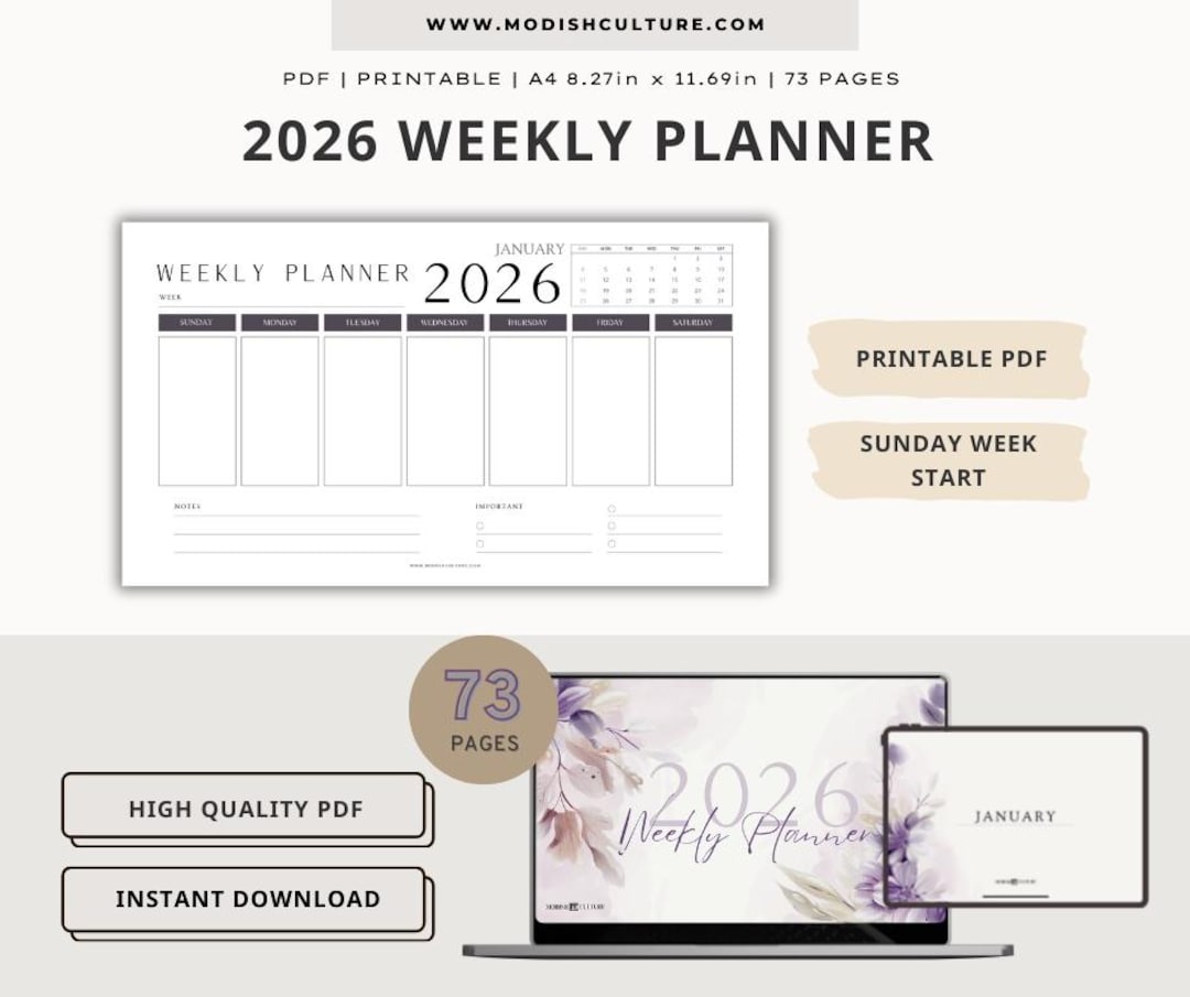 Planificador semanal 2026 – PDF imprimible (73 páginas) / Fácil de