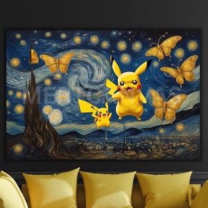 Pikachu Ready To Hang Canvas Van Gogh Pikachu Canvas Van Gogh Style Pikachu Poster Pikachu in Starry Night Canvas Print Pikachu Wall