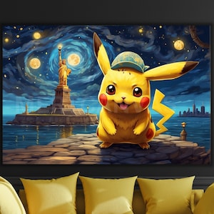 Statue of Liberty and Pikachu Ready To Hang Canvas Pikachu Canvas Van Gogh Style Pikachu Poster Pikachu in Starry Night Canvas Print Pikachu
