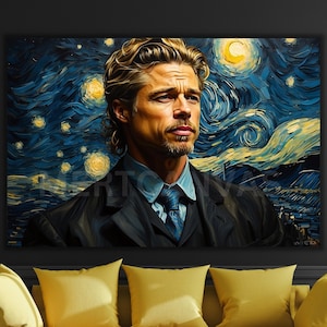 Brad Pitt Portrait Art Canvas Vincent Van Gogh The Starry Night Style Brad Pitt Poster Brad Pitt Canvas Art Classic Brad Pitt Portrait Art