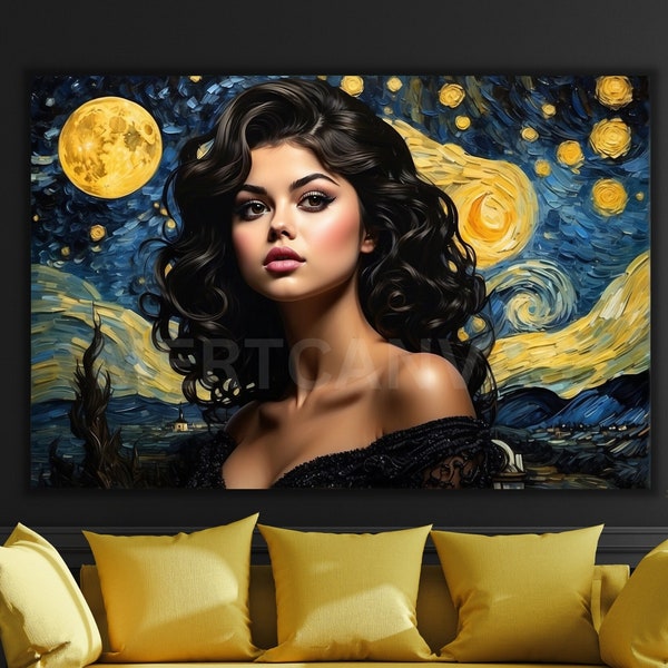 Selena Gomez Canvas Vincent Van Gogh The Starry Night Style Selena Gomez Poster Selena Canvas Art Pop Icon Poster Music Star Poster