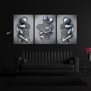 Set Of 3 Love Kiss Grey Print, 3 Piece Set, Canvas 3D Effect, Silver 3D Effect, Silver Canvas Wall Art, Silver Home Decor, Silver Wall Art