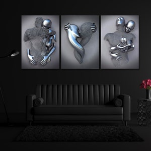 Set Of 3 Love Heart Grey Print, 3 Piece Set, Canvas 3D Effect, Silver 3D Effect, Silver Canvas Wall Art, Silver Home Decor, Silver Wall Art