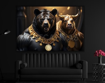 Bull And Bear Art Bitcoin My Design Bitcoin Wall Art Bitcoin Canvas Art Gold Bear Black Bear Crypto Wall Art Crypto Coin Finance Poster
