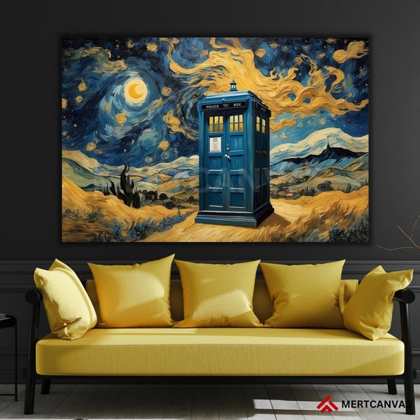 Leinwand Doctor Who Tardis Box Vincent Van Gogh Sternennacht Stil Doctor Who Wandkunst Doctor Who Geschenke Doctor Who Tardis Tardis Leinwand