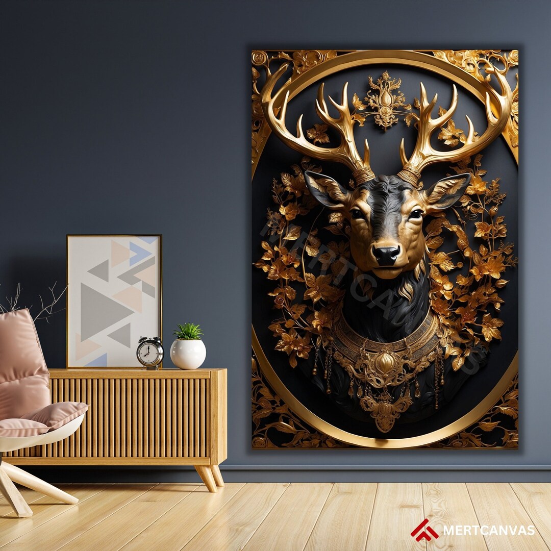 Black and Gold Deer Design Deer Canvas Gold Deer Canvas Deer Wall Art