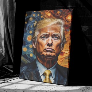 Donald Trump Modern Art Print, Starry Night-Inspired Cityscape Poster, Unique Wall Decor For Trump Supporters And Modern Art Enthusiasts