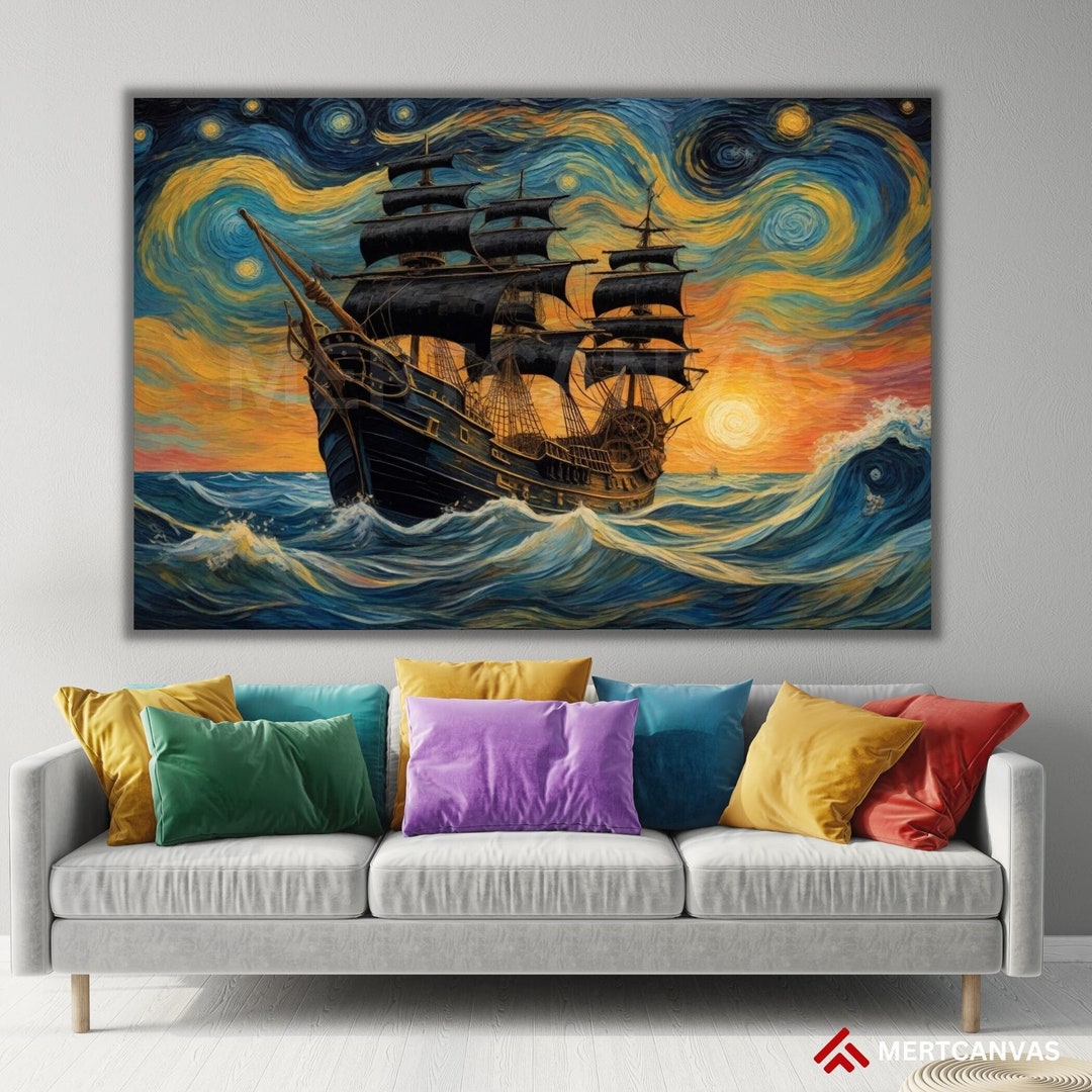 Pirate Ship Art Canvas Starry Night Style Background Sunset - Etsy
