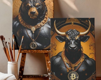 Set Of 2, Bull And Bear Art Bitcoin My Design Bitcoin Wall Art Bitcoin Canvas Art Gold Bear Black Bear Crypto Wall Art Crypto Coin Finance