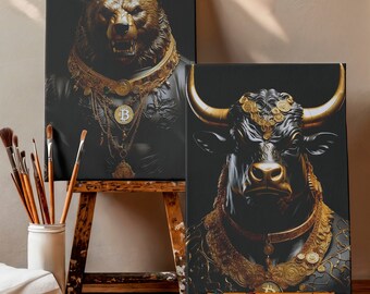 Set Of 2, Bull And Bear Art Bitcoin My Design Bitcoin Wall Art Bitcoin Canvas Art Gold Bear Black Bear Crypto Wall Art Crypto Ready To Hang