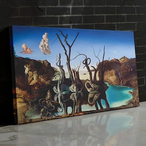 Surreal Salvador Dalí Inspired Canvas Print, Dreamlike Elephants Reflection Landscape Art Poster for Surrealism Lovers and Modern Home Decor