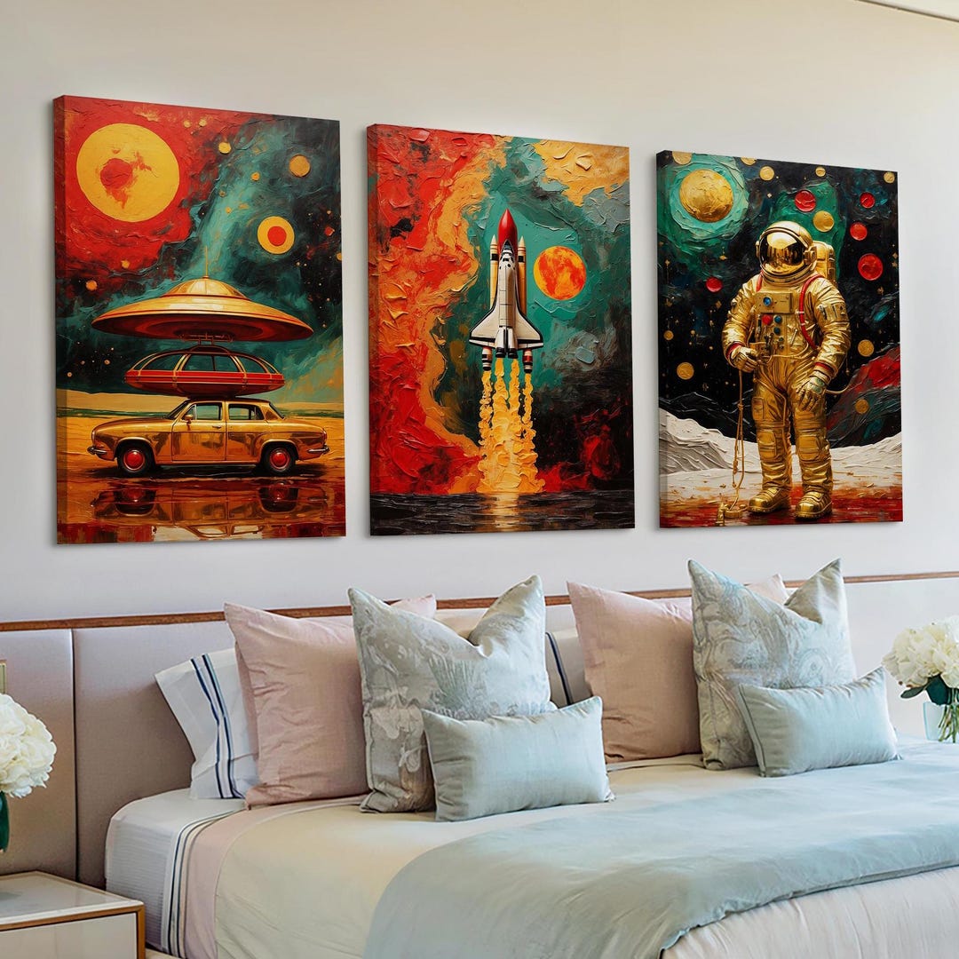 NASA Space Art Canvas Set of 3 | Astronaut, Rocket, UFO & Planets ...