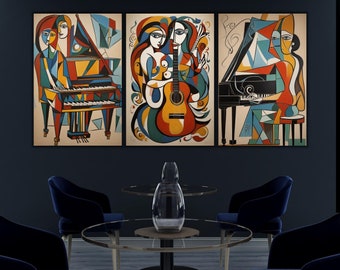 Pablo Picasso Style Guitar Piano Design Feminine Feminist Canvas Poster Abstract Wall Art Print Set Canvas Gallery Set Of 3 Modern Art Print