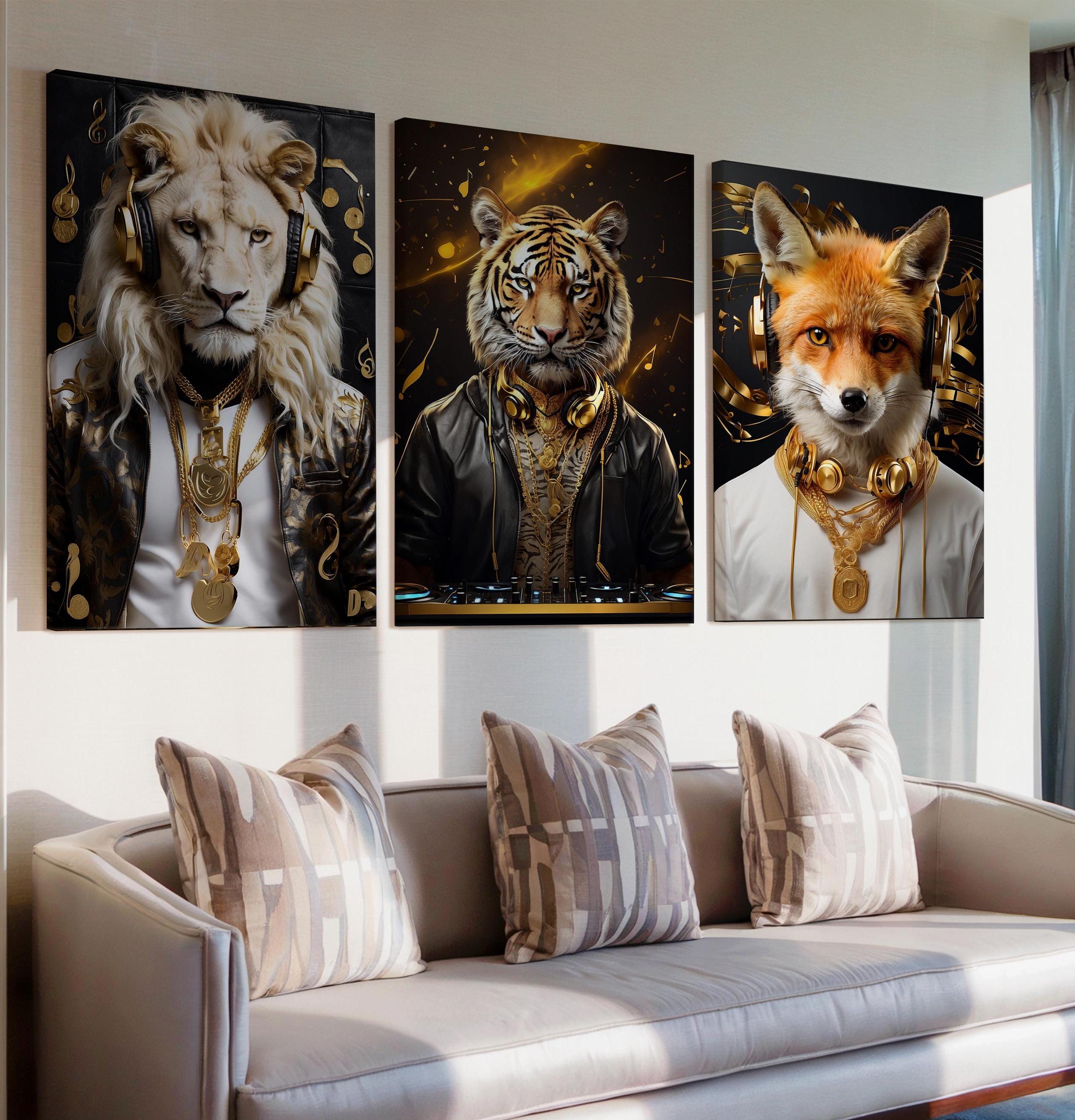 Lion, Tiger And Fox DJ Art Set Of 3 Lion, Tiger And Fox Music Headphones Gold Decor Canvas Poster for Lion, Lovers, DJ, and Wall Design
