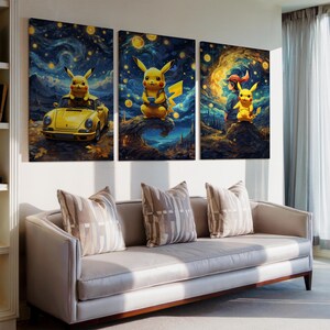 Pikachu Canvas Art Set Of 3, Pikachu Ready To Hang Canvas Pikachu Canvas Pikachu Poster Pikachu Canvas Print Pikachu Wall Arts Gifts